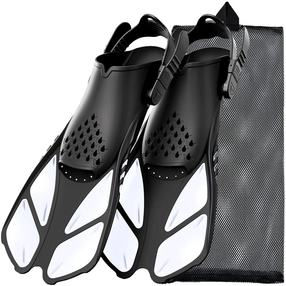 Snorkel Fins Adjustable Buckles Swimming Flippers Short Silicone Scuba Diving Shoes Open Heel Travel Size Adult Men Womens - PoolnStuff
