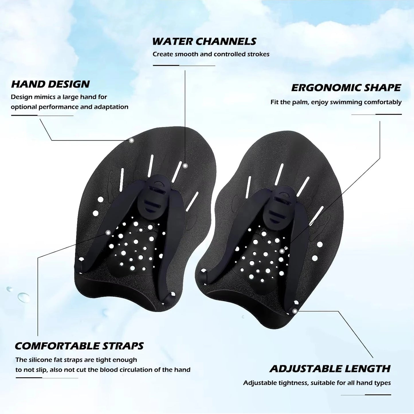 1 Pair Swimming Training Hands Flippers, With Adjustable Silicone Straps - PoolnStuff