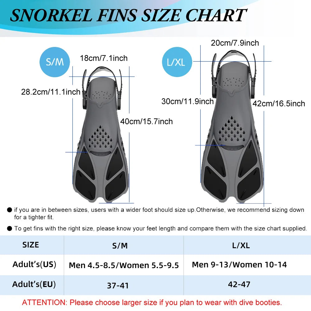 Snorkel Fins Adjustable Buckles Swimming Flippers Short Silicone Scuba Diving Shoes Open Heel Travel Size Adult Men Womens - PoolnStuff