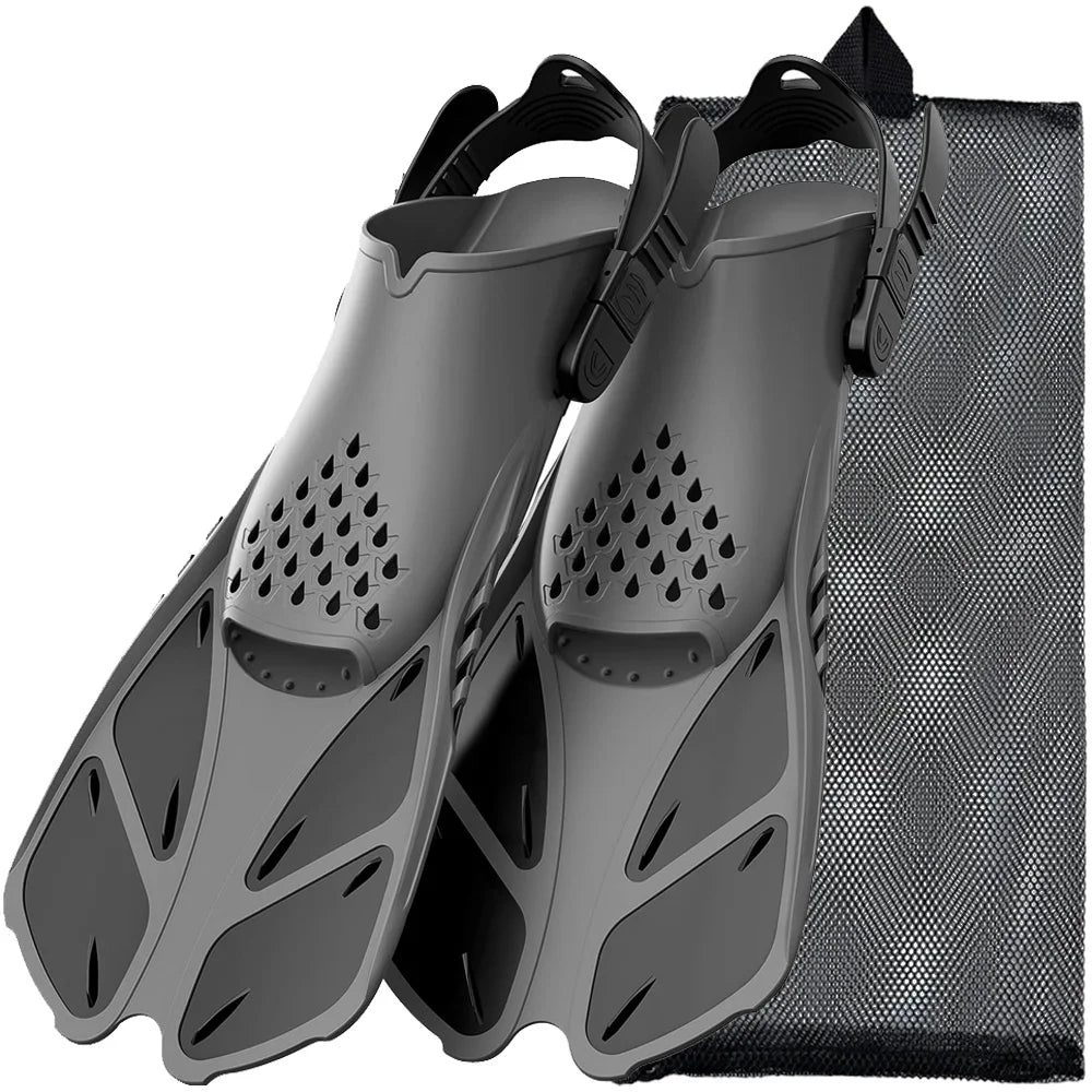 Snorkel Fins Adjustable Buckles Swimming Flippers Short Silicone Scuba Diving Shoes Open Heel Travel Size Adult Men Womens - PoolnStuff