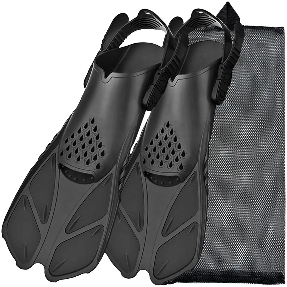 Snorkel Fins Adjustable Buckles Swimming Flippers Short Silicone Scuba Diving Shoes Open Heel Travel Size Adult Men Womens - PoolnStuff