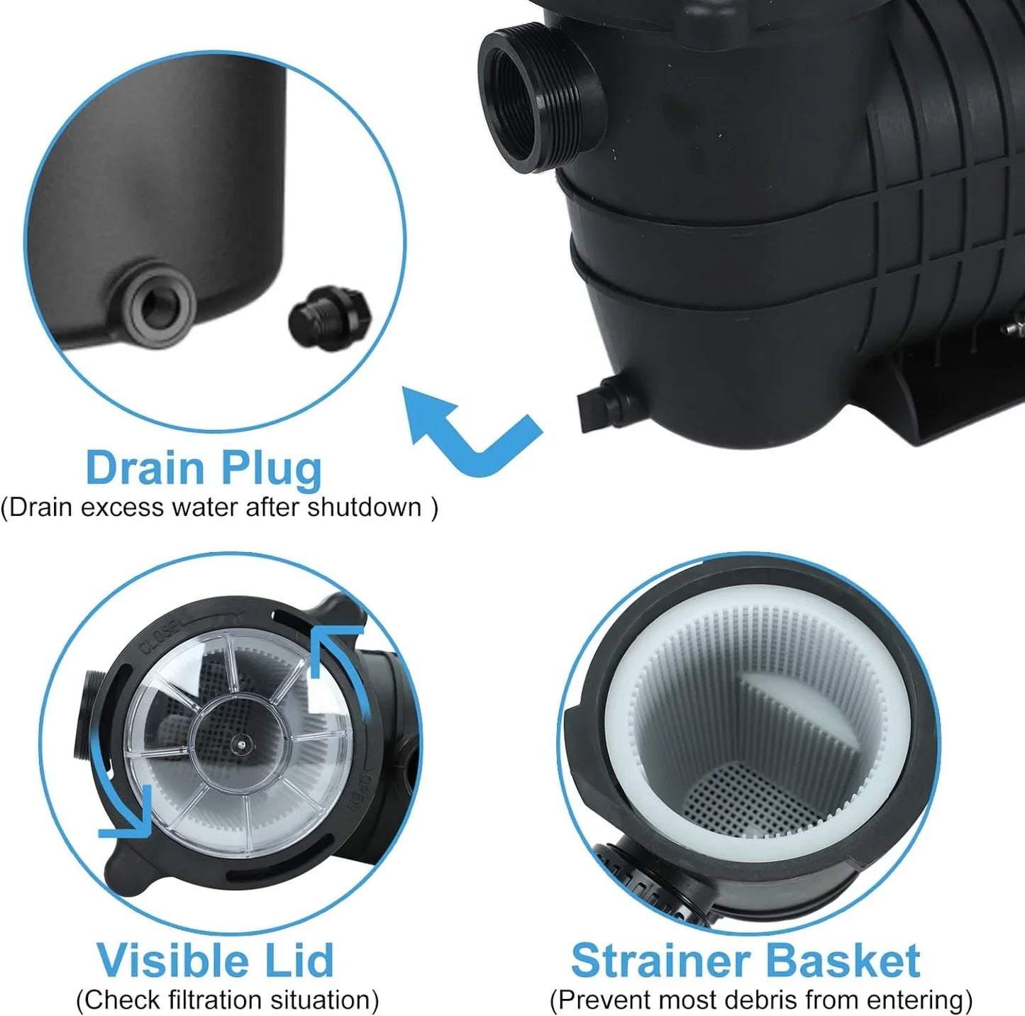 2.0 HP In/Above Ground Swimming Pool Pump, 110V 6600GPH Single Speed Pool Water Pumps lnground Above Ground with Filter Basket - PoolnStuff