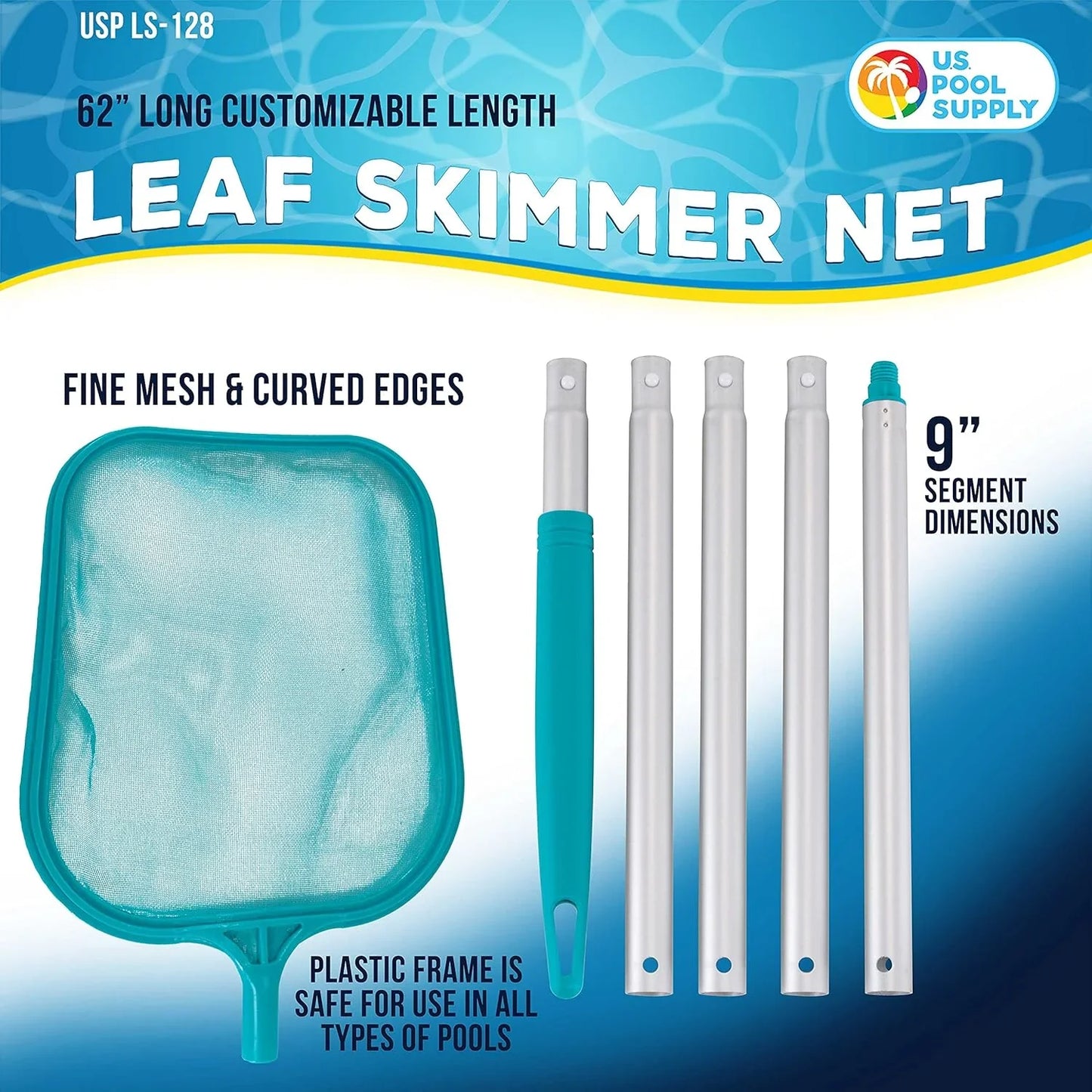 U.S. Pool Supply Swimming Pool 4 Foot Leaf Skimmer Net with 4 Connecting Aluminum Pole Sections - Fine Mesh Netting for Fast Cleaning of Debris - Clean Spas & Ponds - PoolnStuff