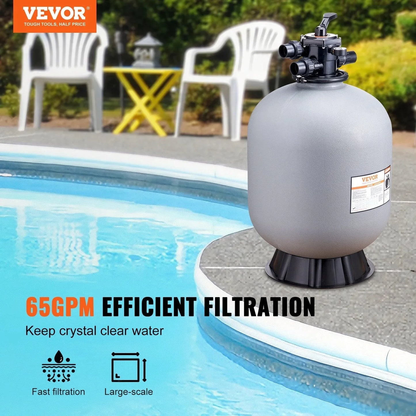 VEVOR Sand Filter, 24-inch, Up to 65 GPM Flow Rate, Above Inground Swimming Pool Sand Filter System with 7-Way Multi-Port Valve, Filter, Backwash, Rinse, Recirculate, Waste, Winter, Closed Functions - PoolnStuff