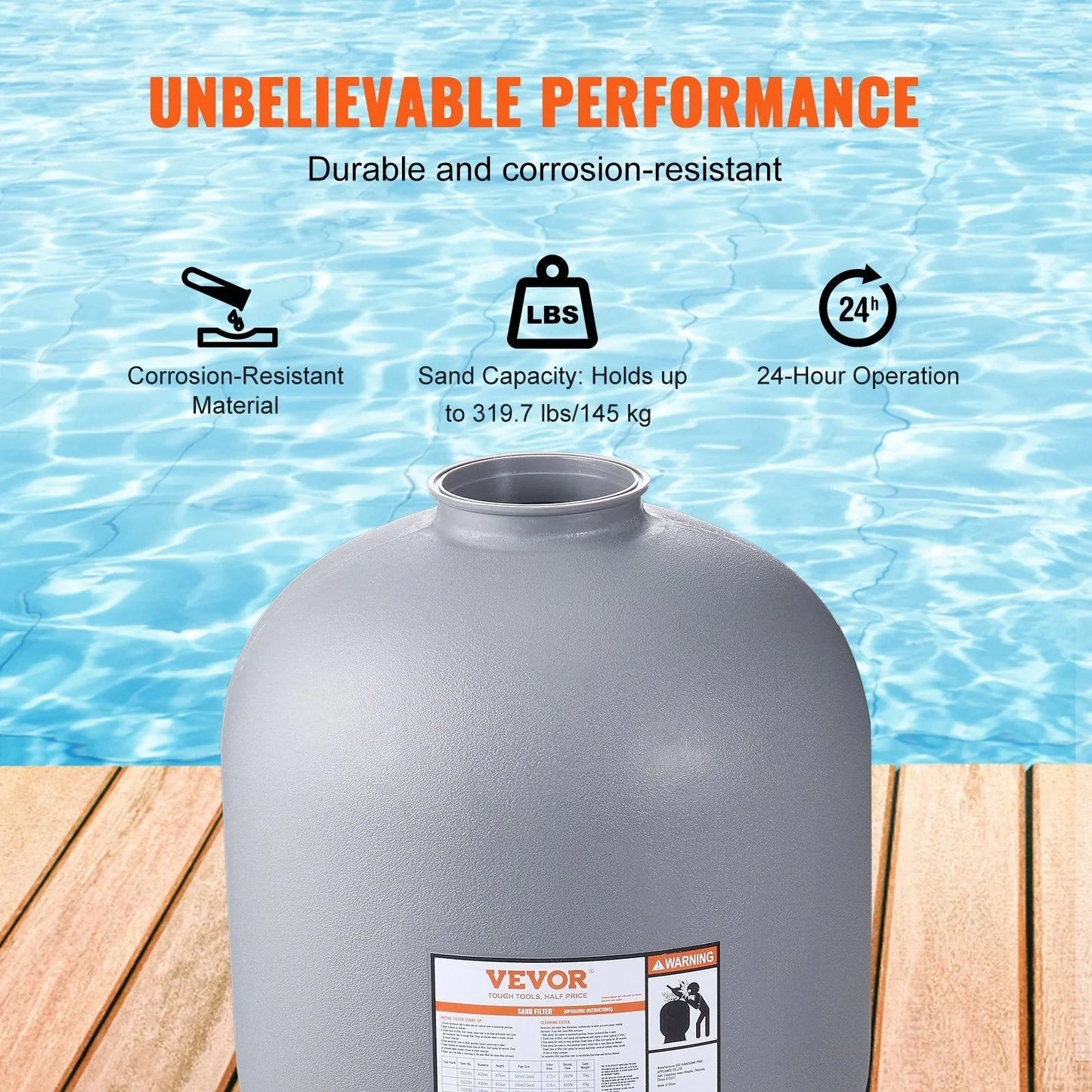 VEVOR Sand Filter, 24-inch, Up to 65 GPM Flow Rate, Above Inground Swimming Pool Sand Filter System with 7-Way Multi-Port Valve, Filter, Backwash, Rinse, Recirculate, Waste, Winter, Closed Functions - PoolnStuff