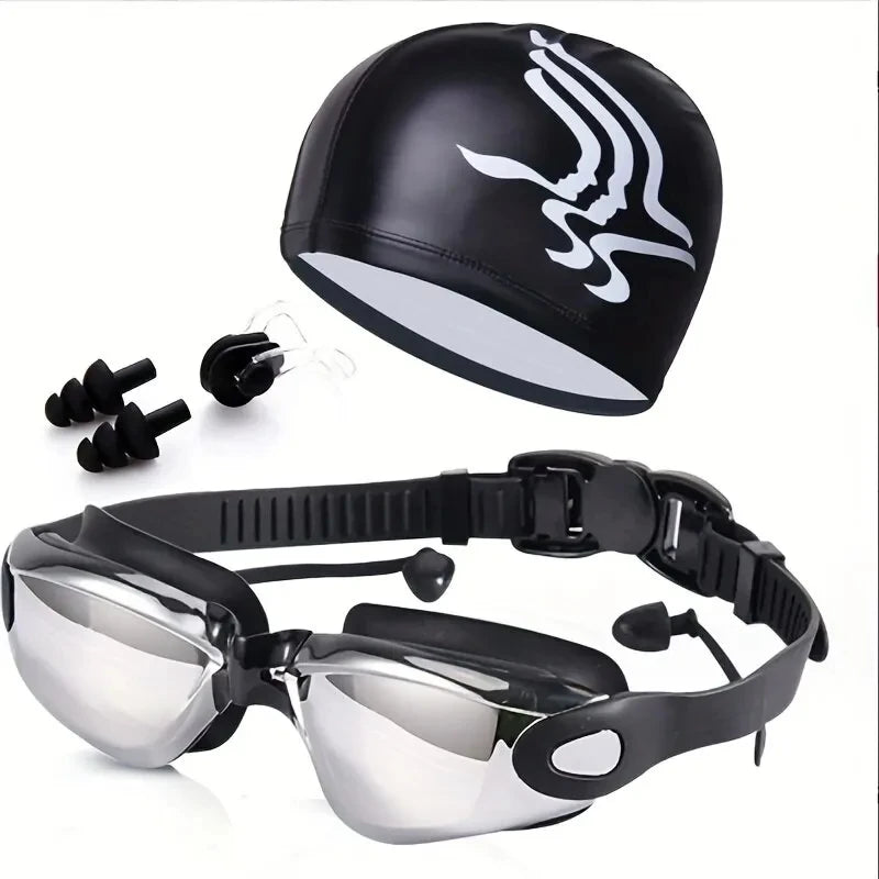 Swimming Goggles With Cap And Earplugs Men's Anti Fog UV Protection Women's And Children's Waterproof Diving Eye Protector - PoolnStuff