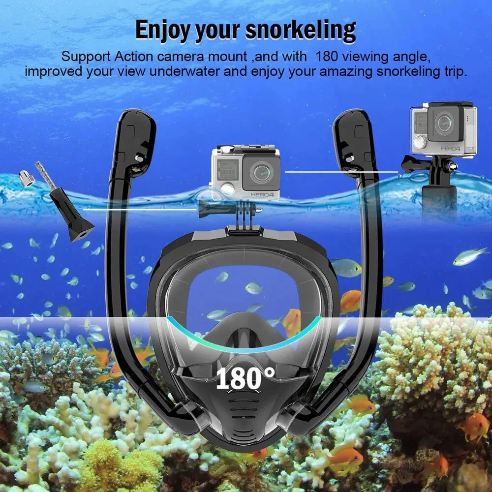 Full Face Snorkel Mask 180°Panoramic View Silicone Dry Top Snorkeling Diving Swimming Goggles With 2 Snorkels Anti-Fog Anti-Lea - PoolnStuff