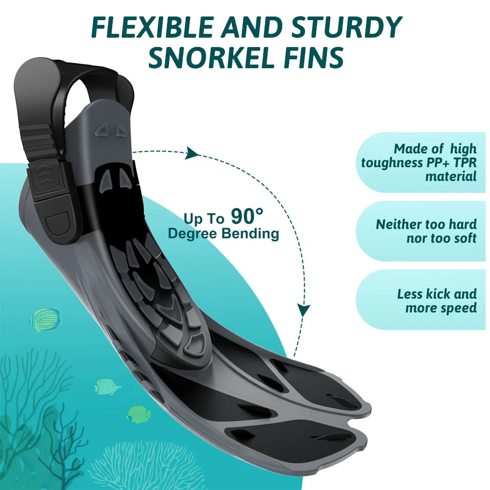 Snorkel Fins Adjustable Buckles Swimming Flippers Short Silicone Scuba Diving Shoes Open Heel Travel Size Adult Men Womens - PoolnStuff