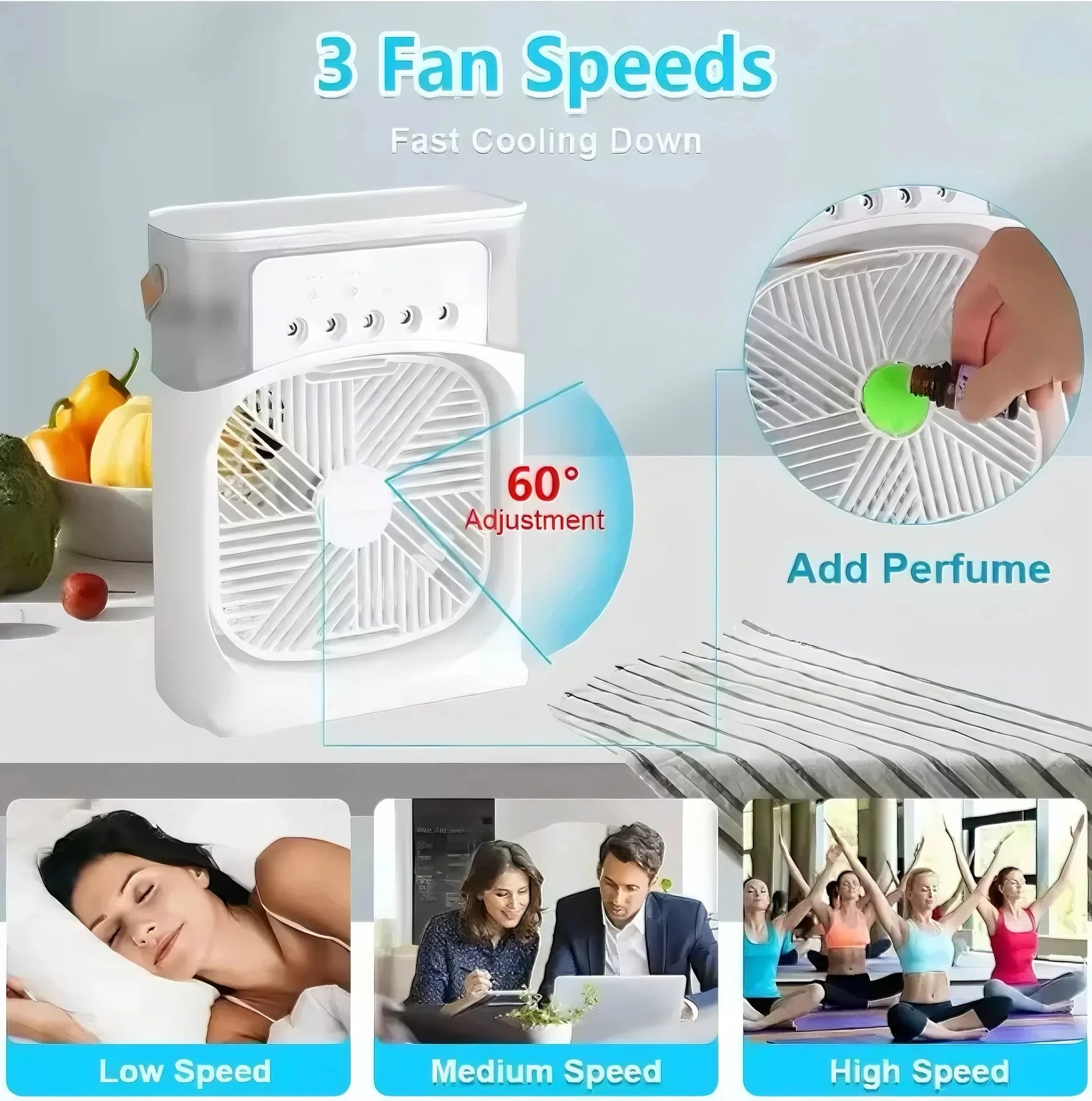 Fan/cooling fan portable household three in one small air cooler, LED night light, 5-hole humidifier, 1-3 hour timer - PoolnStuff