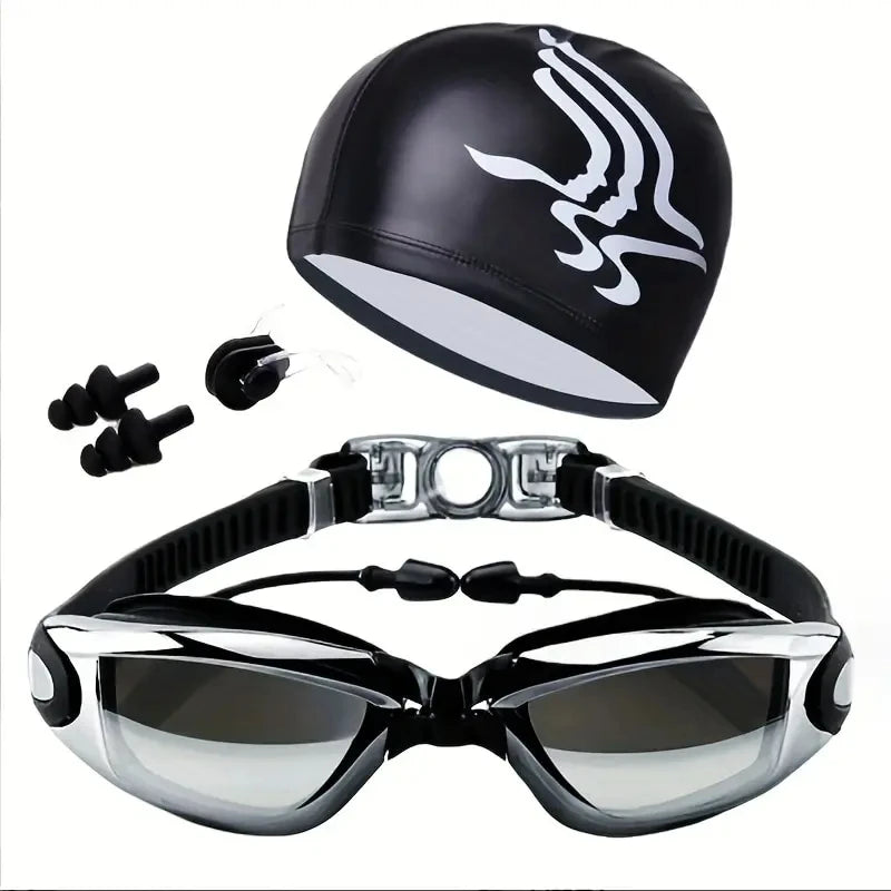 Swimming Goggles With Cap And Earplugs Men's Anti Fog UV Protection Women's And Children's Waterproof Diving Eye Protector - PoolnStuff