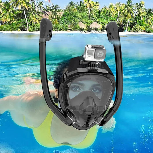 Full Face Snorkel Mask 180°Panoramic View Silicone Dry Top Snorkeling Diving Swimming Goggles With 2 Snorkels Anti-Fog Anti-Lea - PoolnStuff