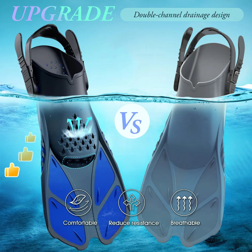 Snorkel Fins Adjustable Buckles Swimming Flippers Short Silicone Scuba Diving Shoes Open Heel Travel Size Adult Men Womens - PoolnStuff