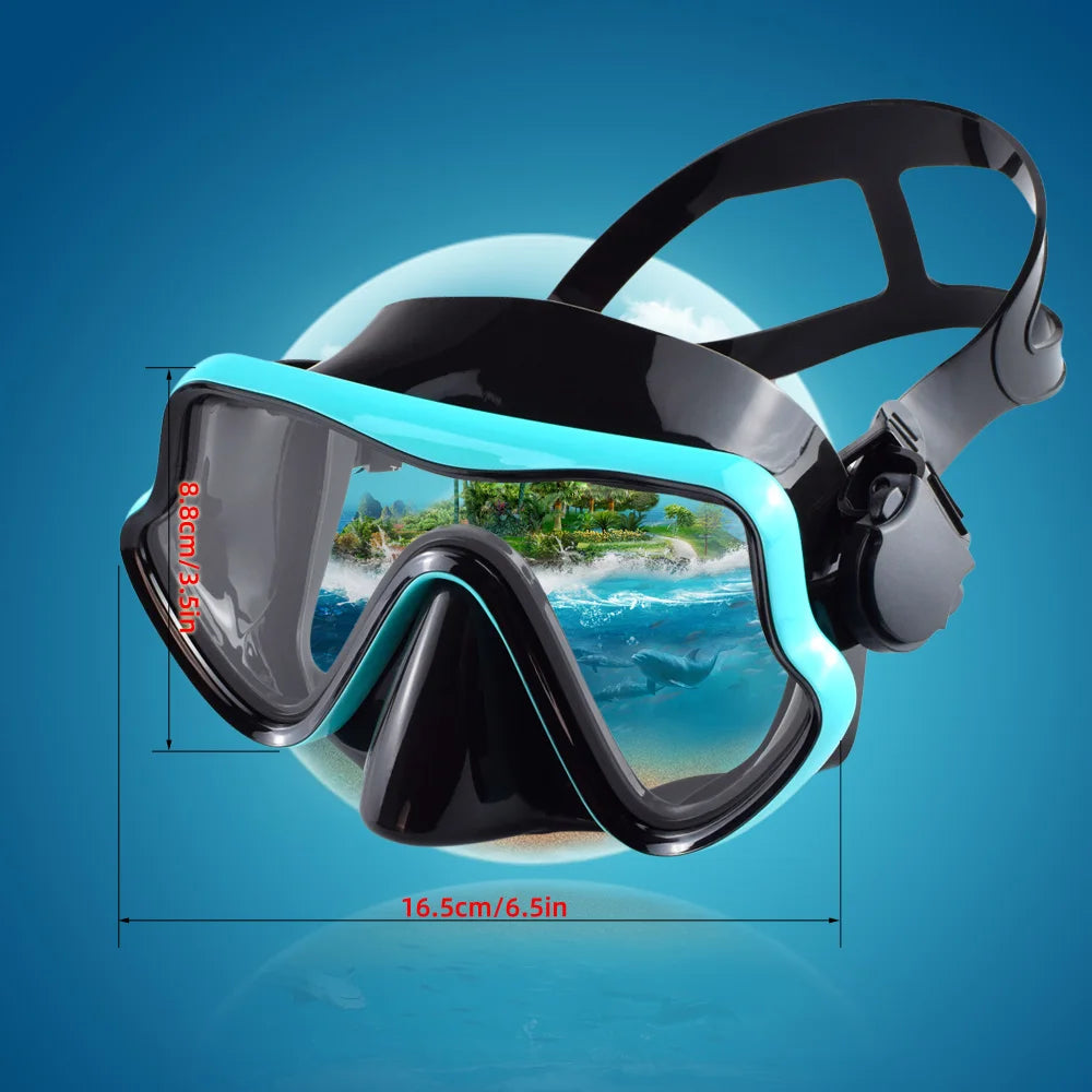 Diving Mask Swimming Goggles Scuba Snorkel Silicone Skirt Tempered Glass Panoramic HD For Adult Youth Anti-Fog with Nose Cover - PoolnStuff