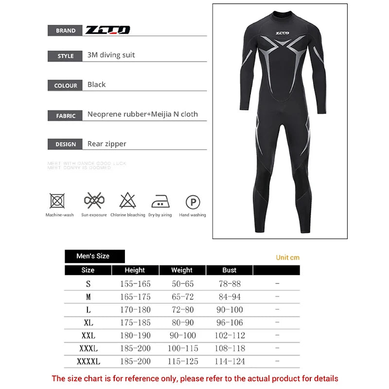 Neoprene Wetsuit 3mm Mens Long Sleevele One Piece Wetsuit Ultra Elastic Diving Suit Water Swimming Surfing Triathlon - PoolnStuff