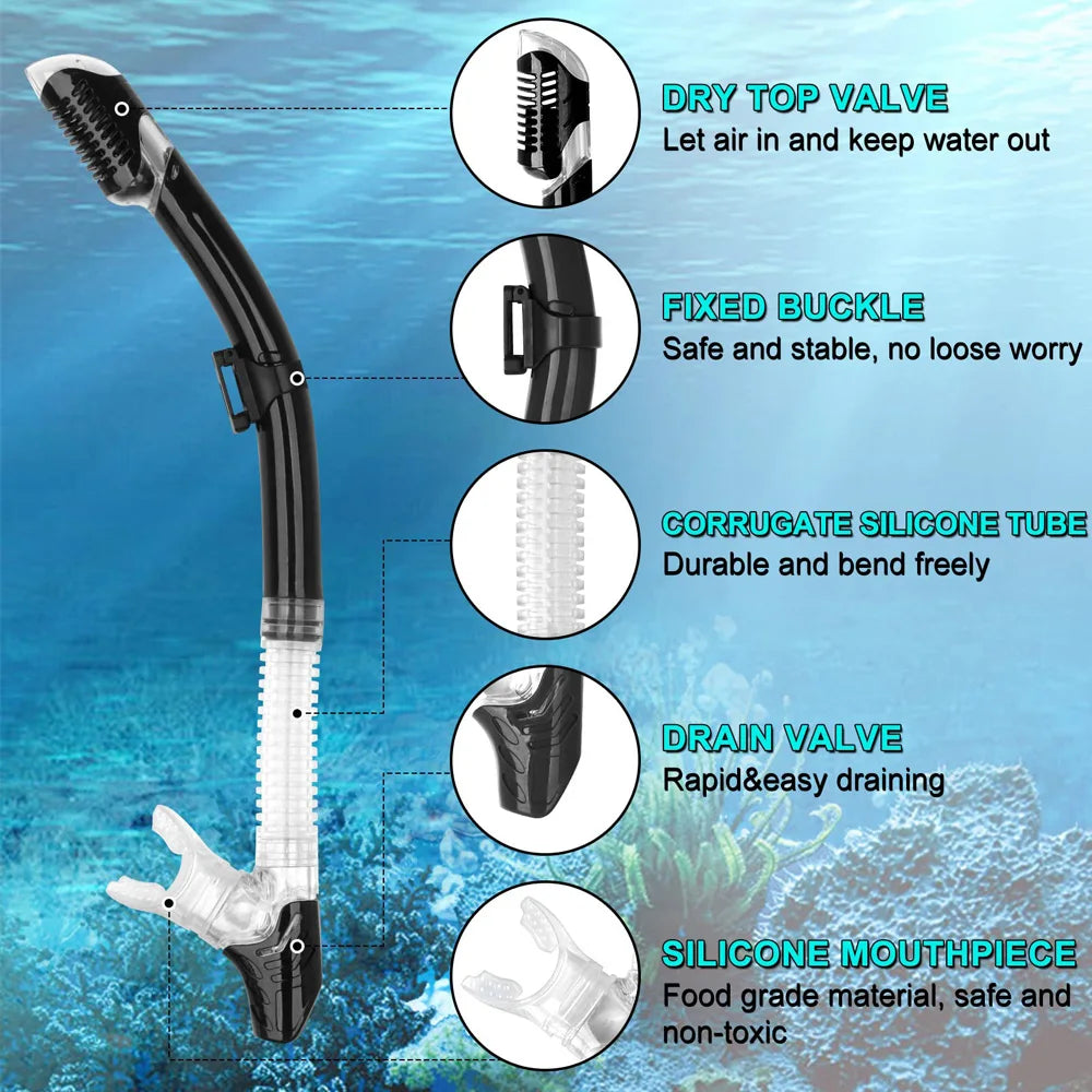 Dry Snorkel Tube Easy Breath Scuba Diving Splash Guard Top Valve Swimming Underwater Equipment For Adults Kids Men Women Youth - PoolnStuff