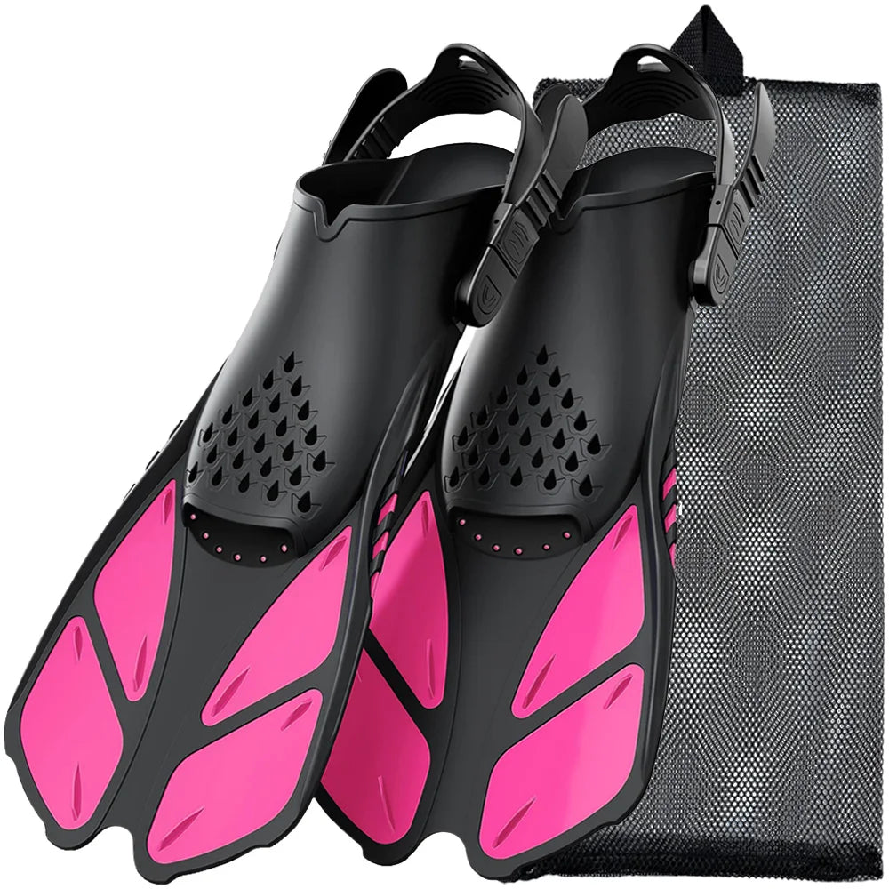 Snorkel Fins Adjustable Buckles Swimming Flippers Short Silicone Scuba Diving Shoes Open Heel Travel Size Adult Men Womens - PoolnStuff