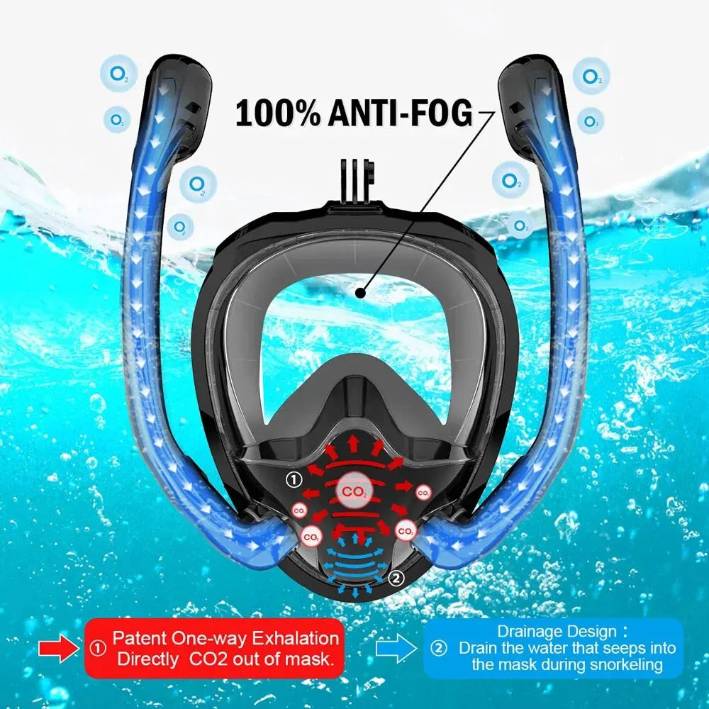 Full Face Snorkel Mask 180°Panoramic View Silicone Dry Top Snorkeling Diving Swimming Goggles With 2 Snorkels Anti-Fog Anti-Lea - PoolnStuff