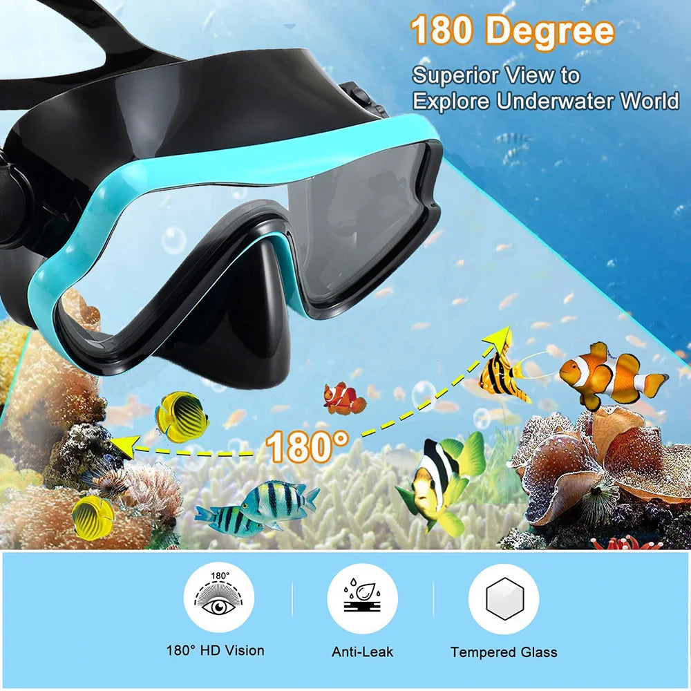 Diving Mask Swimming Goggles Scuba Snorkel Silicone Skirt Tempered Glass Panoramic HD For Adult Youth Anti-Fog with Nose Cover - PoolnStuff