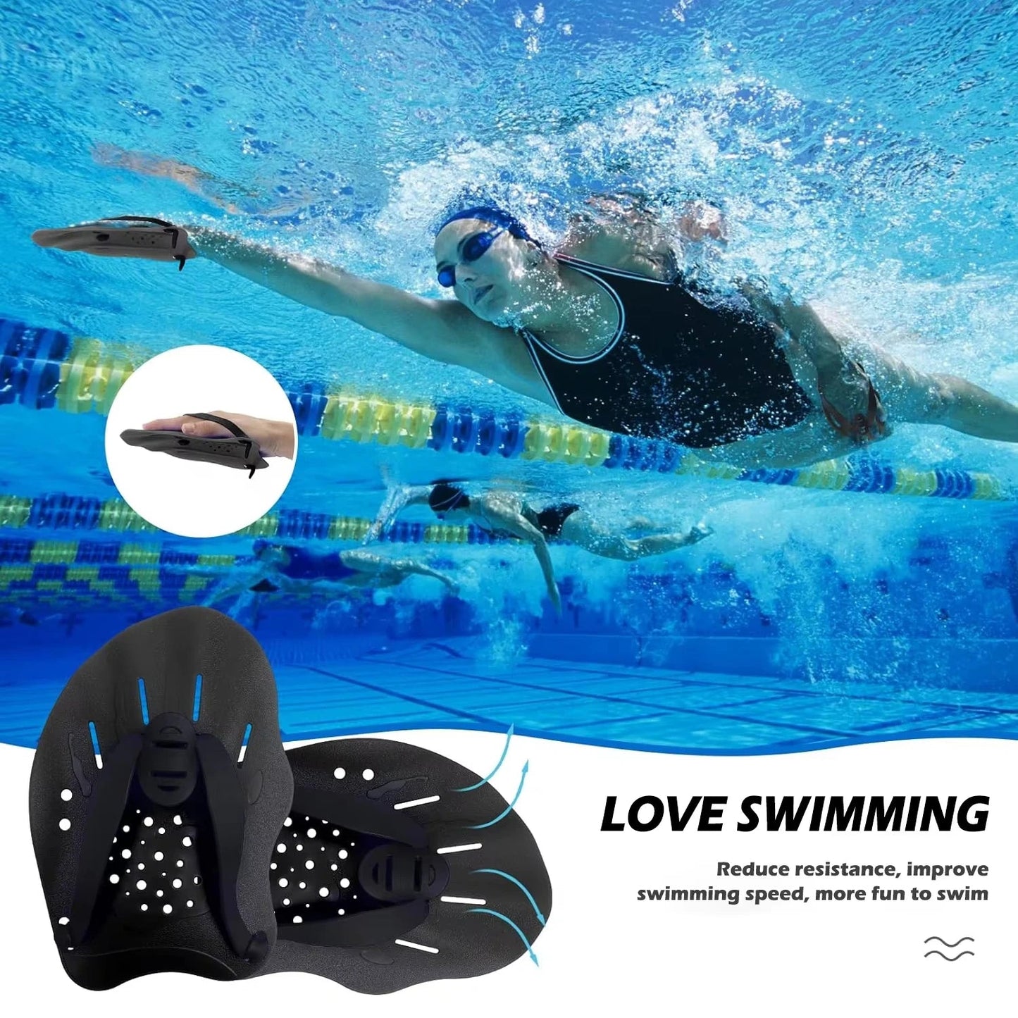 1 Pair Swimming Training Hands Flippers, With Adjustable Silicone Straps - PoolnStuff