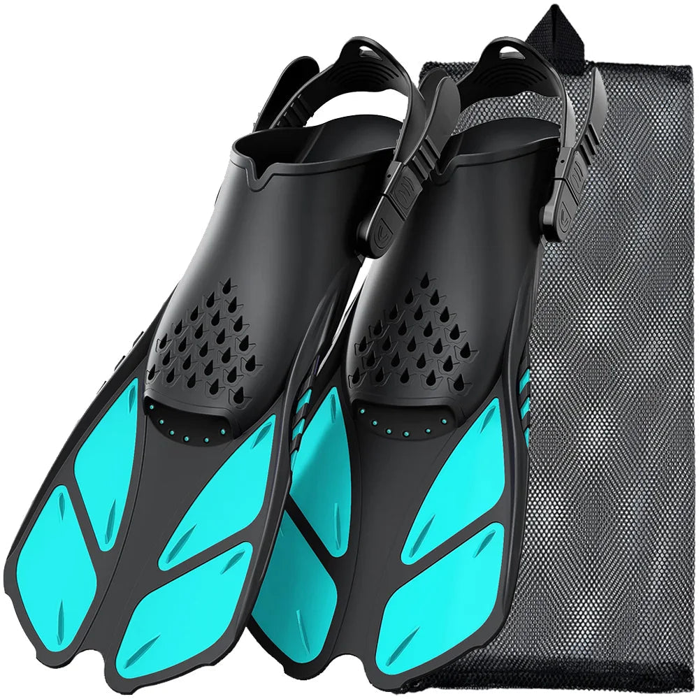 Snorkel Fins Adjustable Buckles Swimming Flippers Short Silicone Scuba Diving Shoes Open Heel Travel Size Adult Men Womens - PoolnStuff