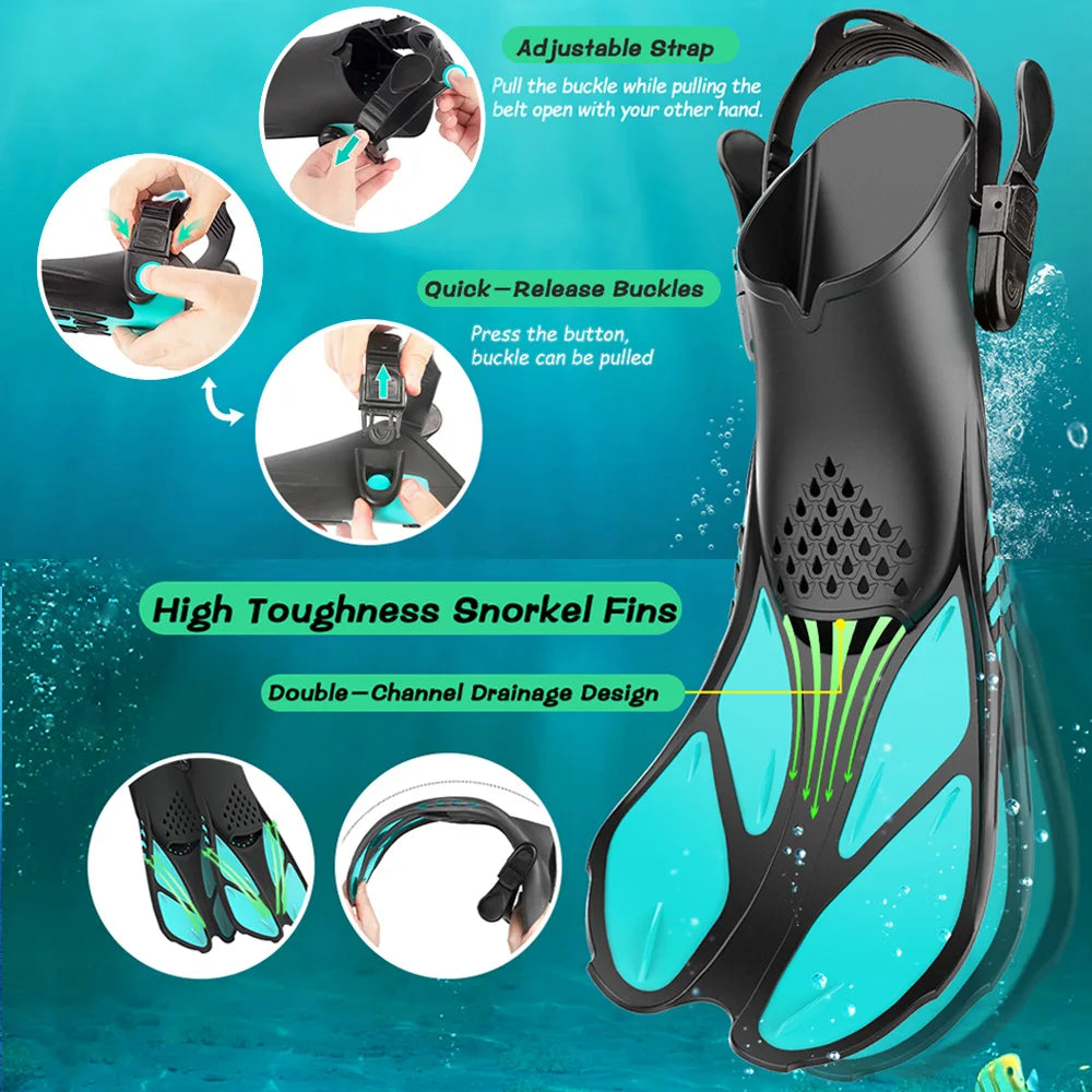 Snorkel Fins Adjustable Buckles Swimming Flippers Short Silicone Scuba Diving Shoes Open Heel Travel Size Adult Men Womens - PoolnStuff