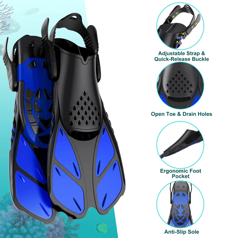 Snorkel Fins Adjustable Buckles Swimming Flippers Short Silicone Scuba Diving Shoes Open Heel Travel Size Adult Men Womens - PoolnStuff
