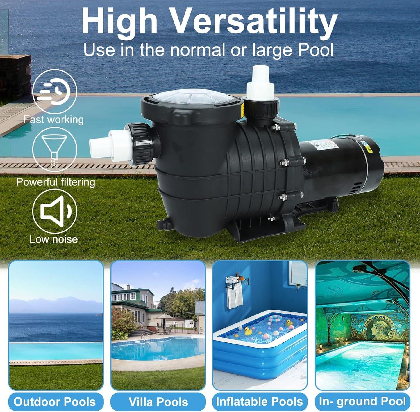2.0 HP In/Above Ground Swimming Pool Pump, 110V 6600GPH Single Speed Pool Water Pumps lnground Above Ground with Filter Basket - PoolnStuff