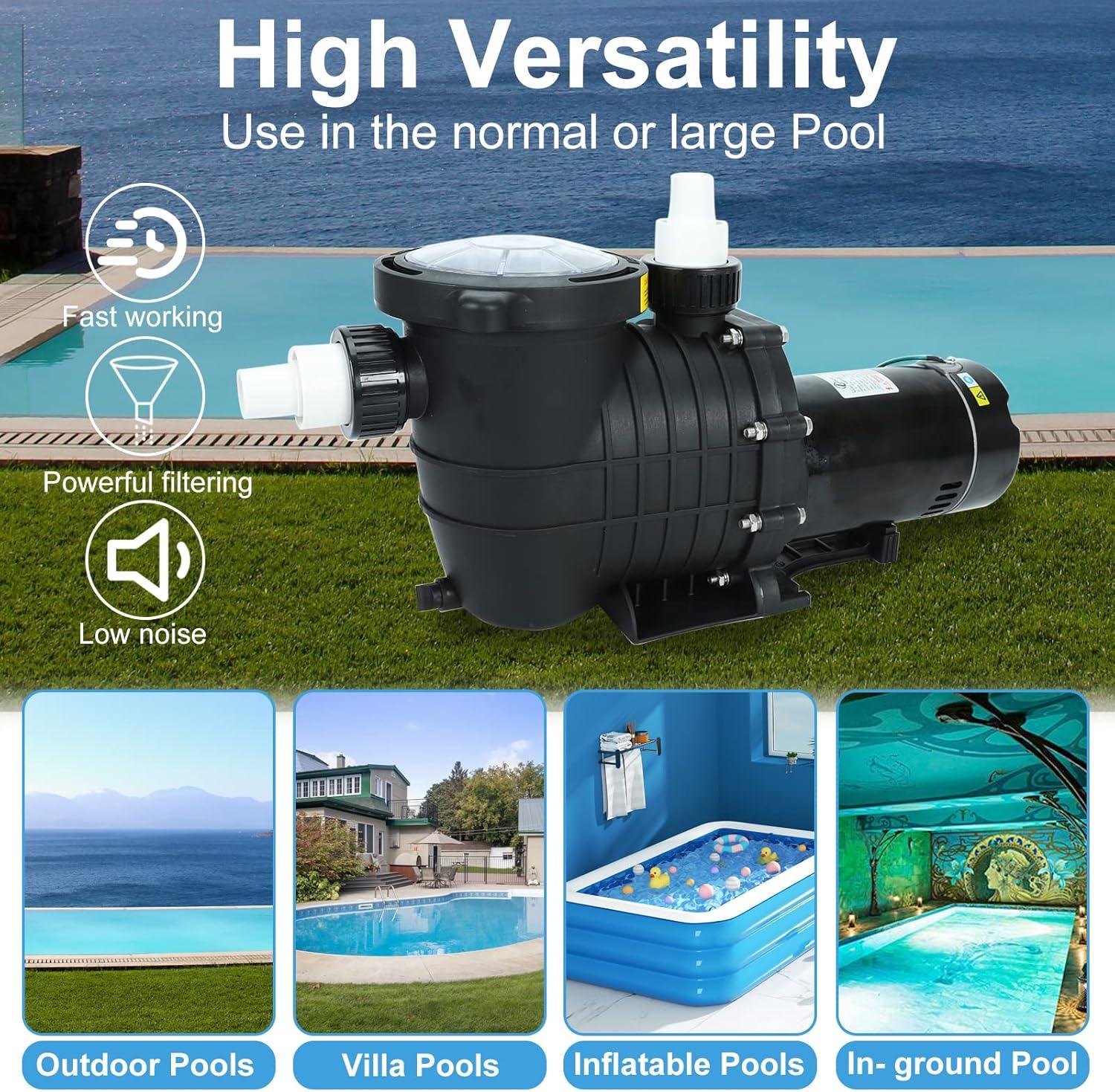 2.0 HP In/Above Ground Swimming Pool Pump, 110V 6600GPH Single Speed Pool Water Pumps lnground Above Ground with Filter Basket - PoolnStuff